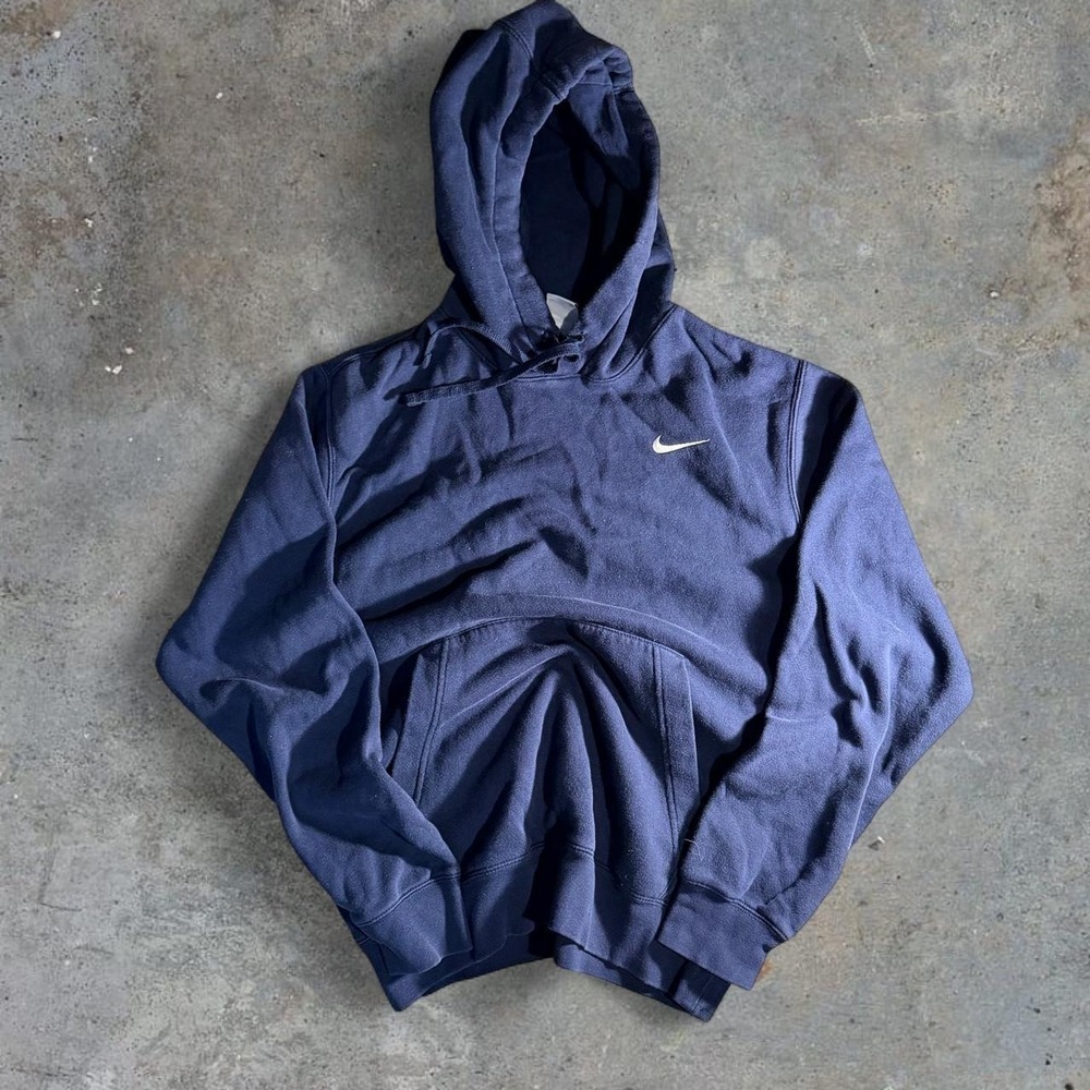 Nike Navy Blue Pullover Hoodie Small Embroidered Swoosh Fleece Sweatshirt